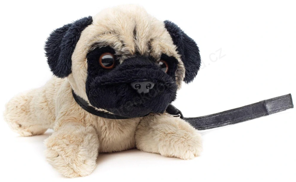 Plyšový pes Mops 17 cm, ležící, s vodítkem