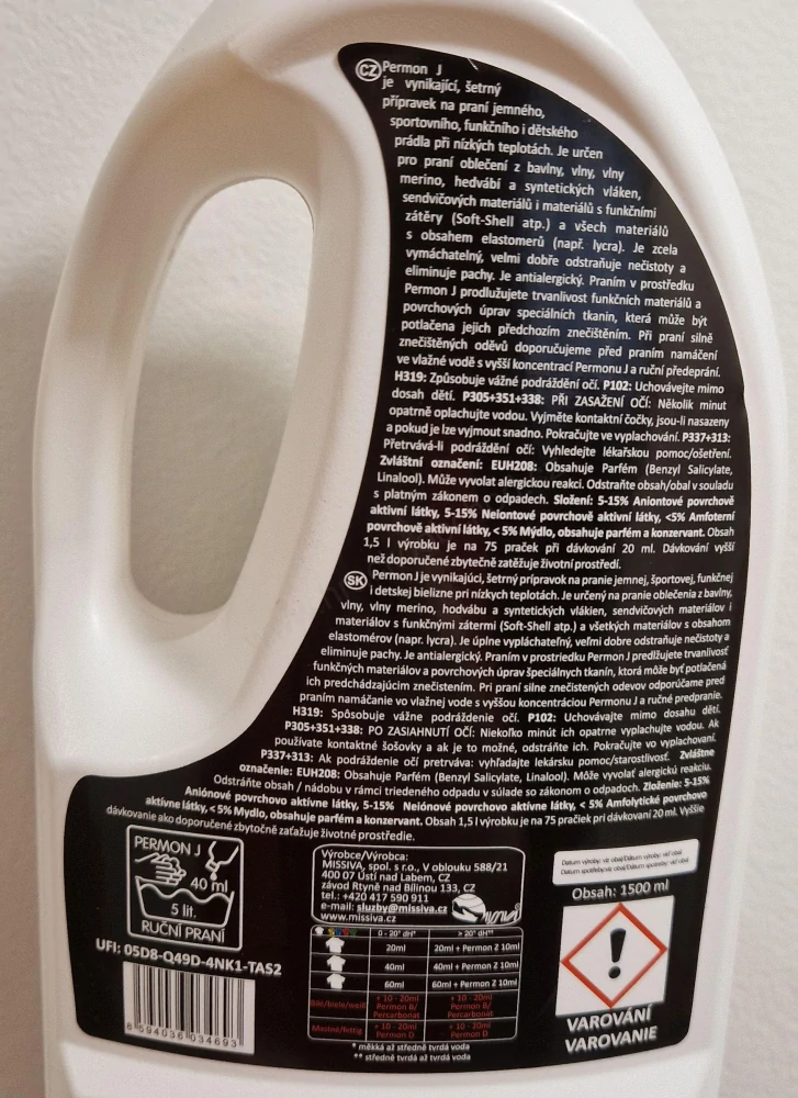 Missiva Permon J Sport 1,5 l na praní sportovního a funkčního prádla