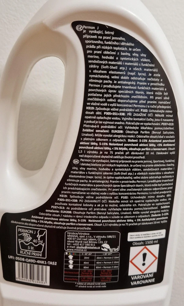 Missiva Permon J Sport 1,5 l na praní sportovního a funkčního prádla