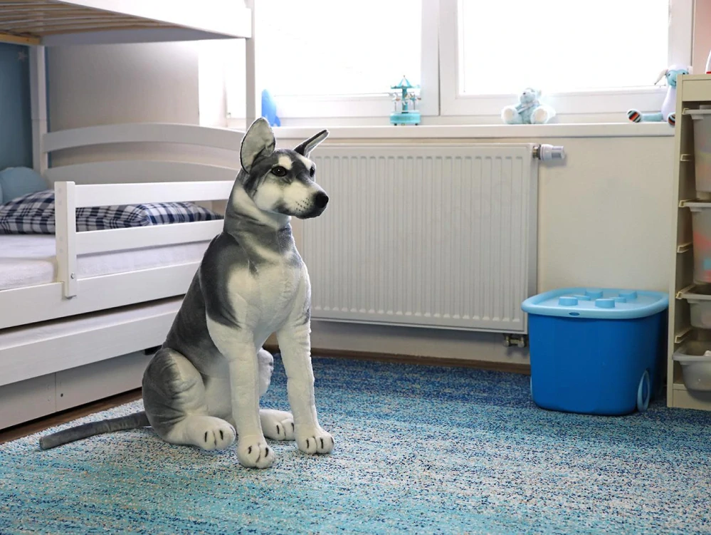 Plyšový pes husky sedící 90 cm + ocas 43 cm
