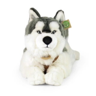 Plyšový pes husky s postrojem, ležící, 60 cm ECO-FRIENDLY